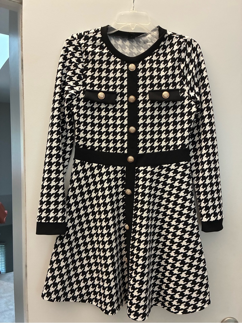 SHEIN Black and White Houndstooth Long Sleeve Dress